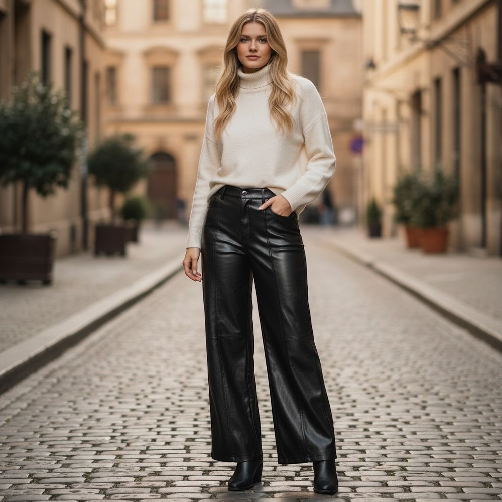 Miss Love Faux Leather Pants Womens L Goth Edgy Black Wide Leg High Rise Biker - Picture 3 of 13